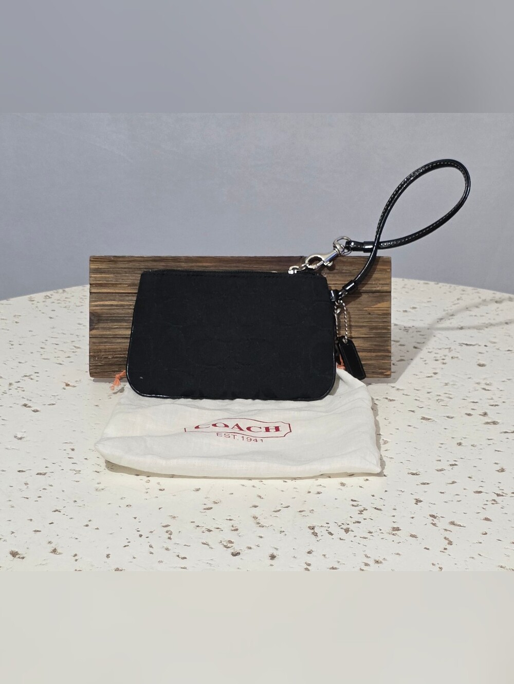 Coach Vintage Black Signature C Jacquard Wristlet Pouch with Original Dust Bag